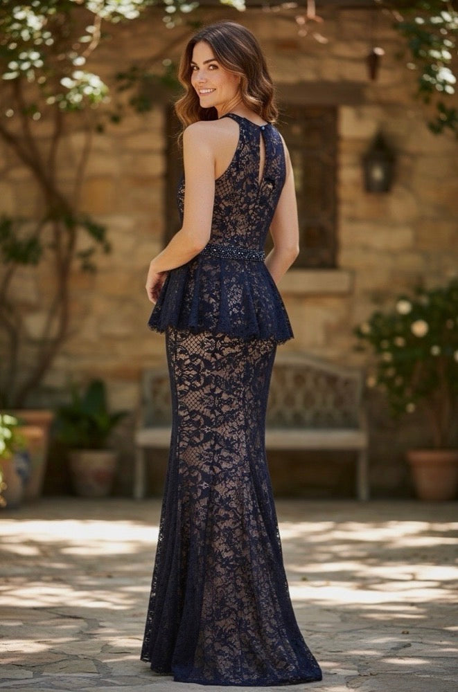 Women's Navy Floral Lace Sheer Peplum Sleeveless Round Neck Long Formal Gown