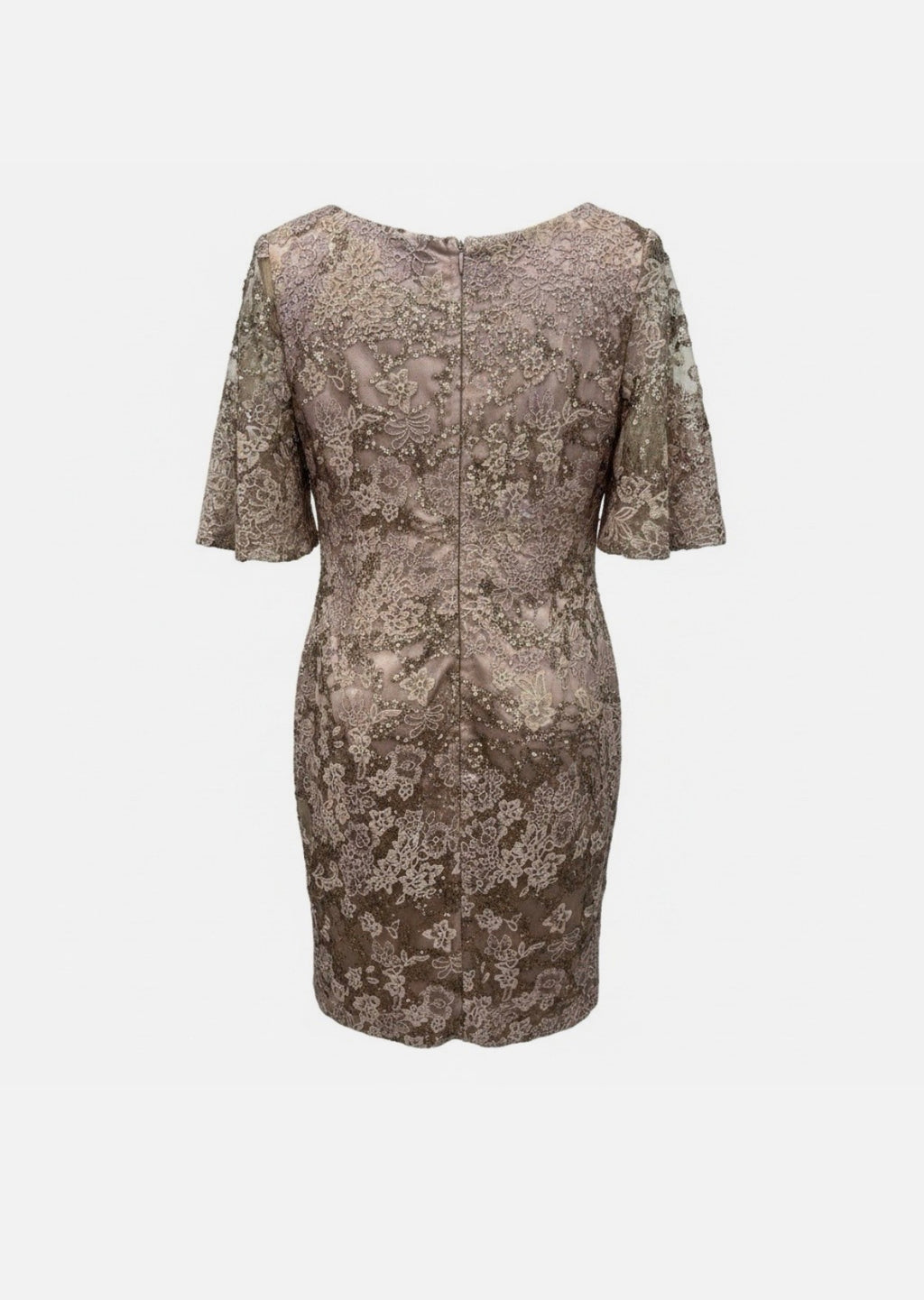 Feriani Couture Taupe Beige Floral Lace Sheath Dress V-Neck Zip 8