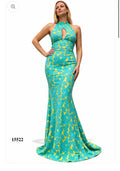 Halter Fitted Floral Dress With Backless Design and Flared Hem