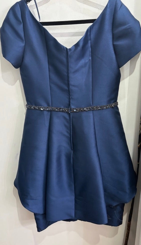 Women's Navy Satin V-Neck Cap Sleeve Peplum Beaded Sheath Dress 12 18953