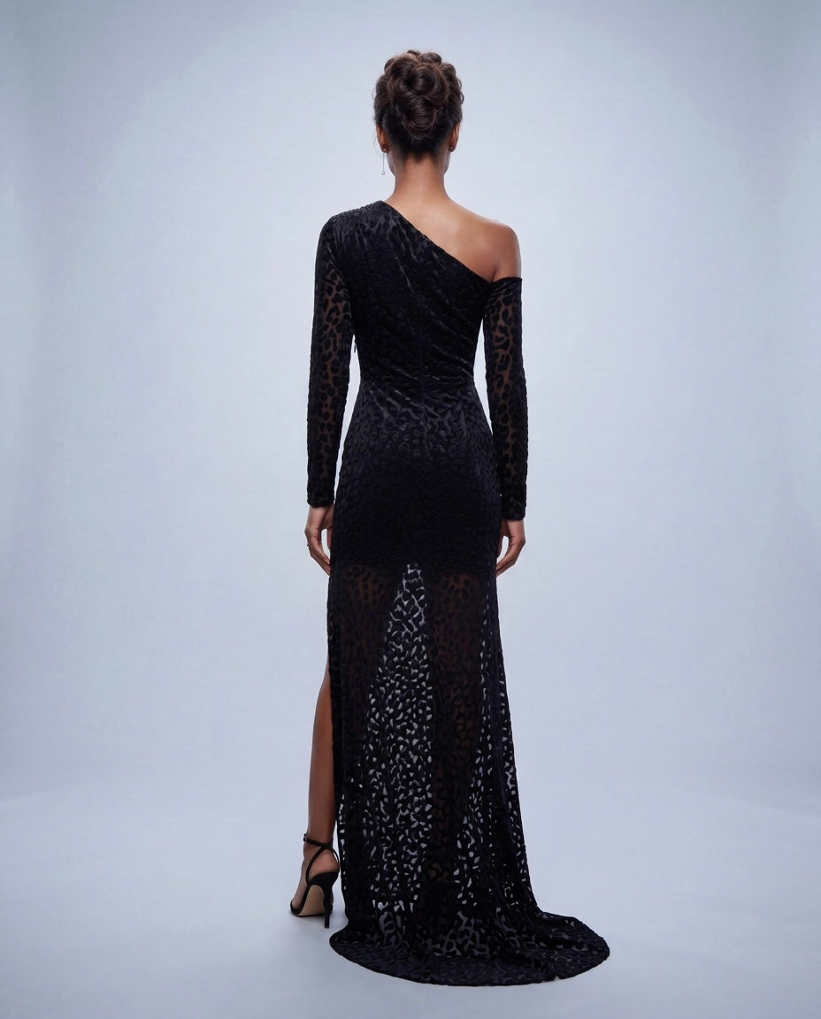 Midnight Leopard Asymmetric Gown