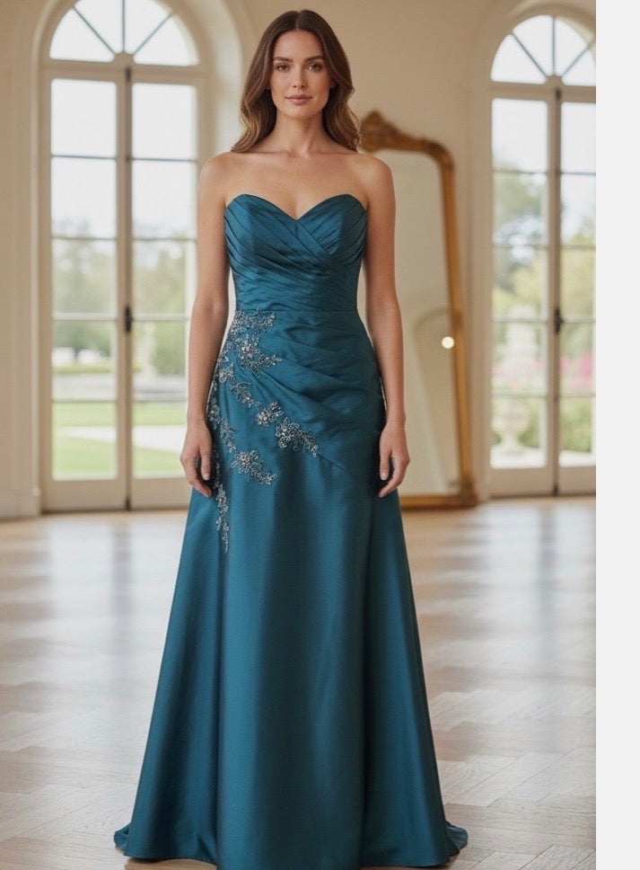 Teal Satin Strapless Sweetheart Floor-Length Bridesmaid Dress Embroidered