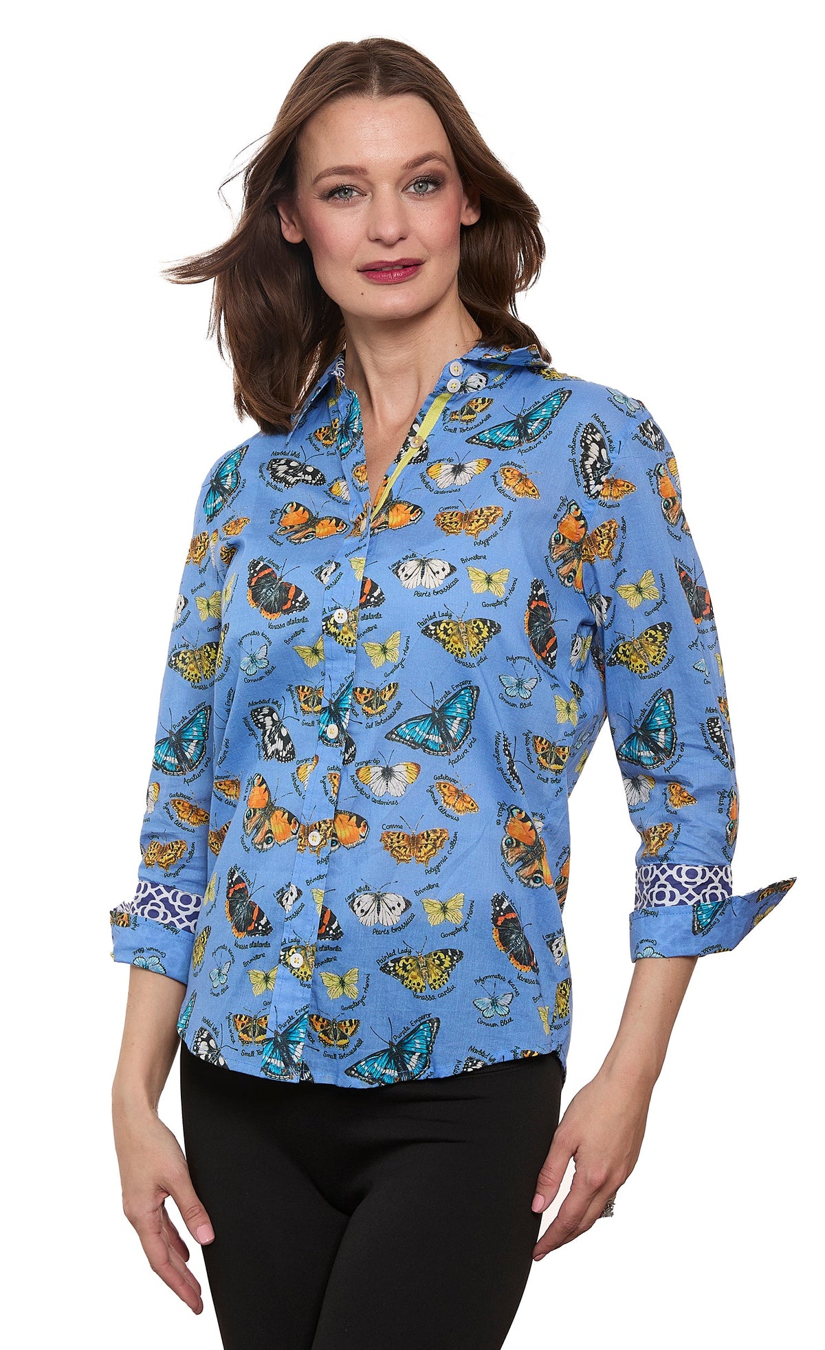 3/4 Sleeve Rome Shirt Blue Ground  Cotton Voile Butterfly Print