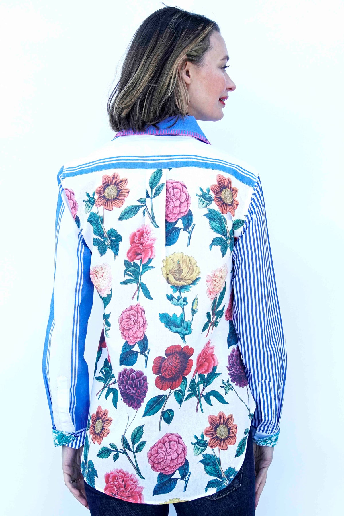 Madison Top Stripes And Flowers W Whipstitch At Collar