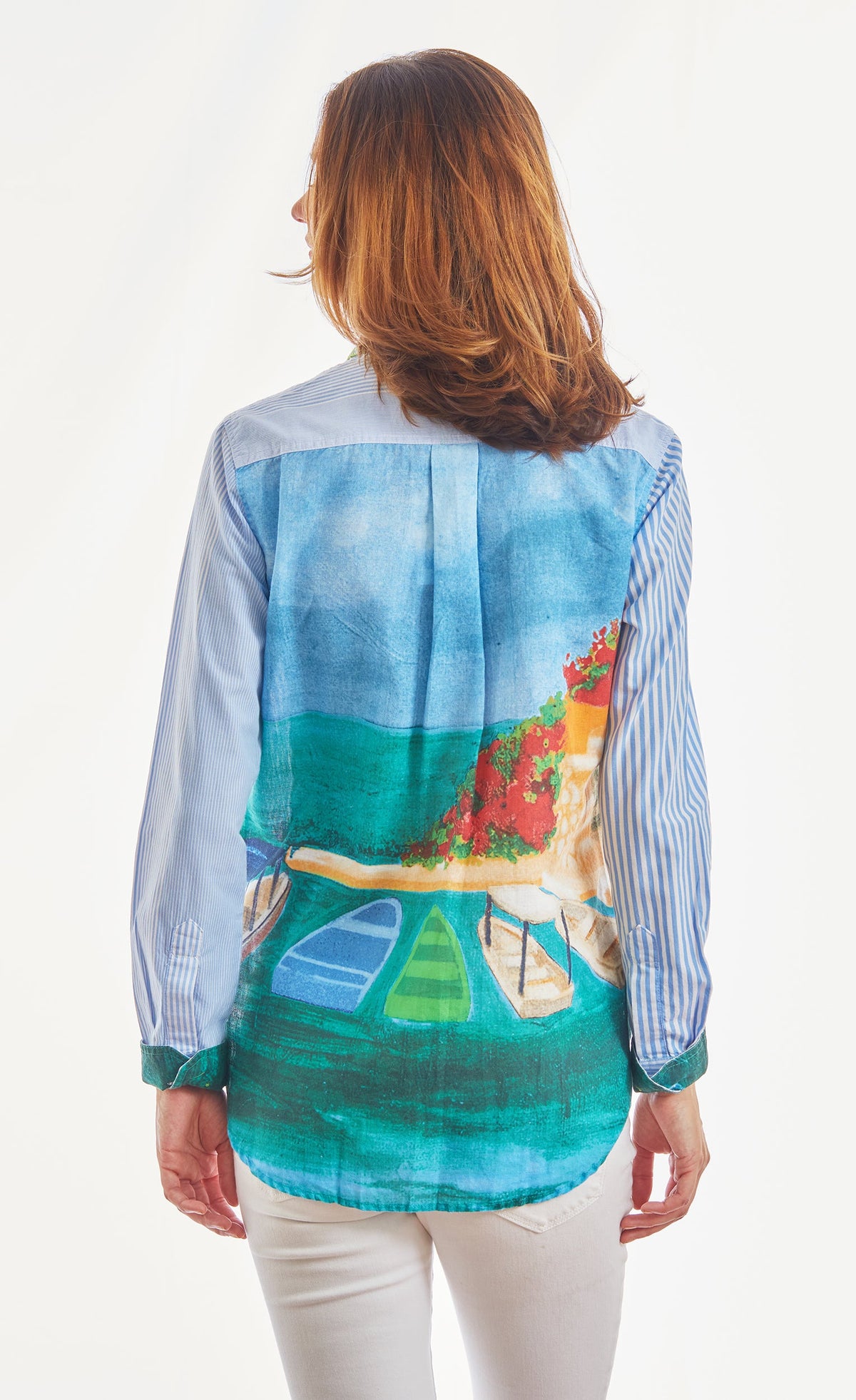 Chesapeake Top Blue White Stripes With Positano Scene On The Back