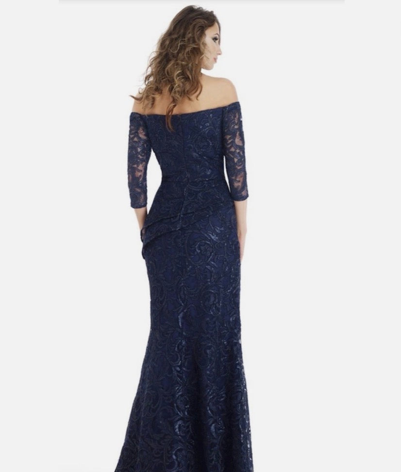 Feriani Couture Women's Blue Floral Lace Sweetheart Long Gown Size 12