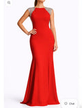 Sleeves Red Gown With Silver Rhinestones Details at Shoulders and Back