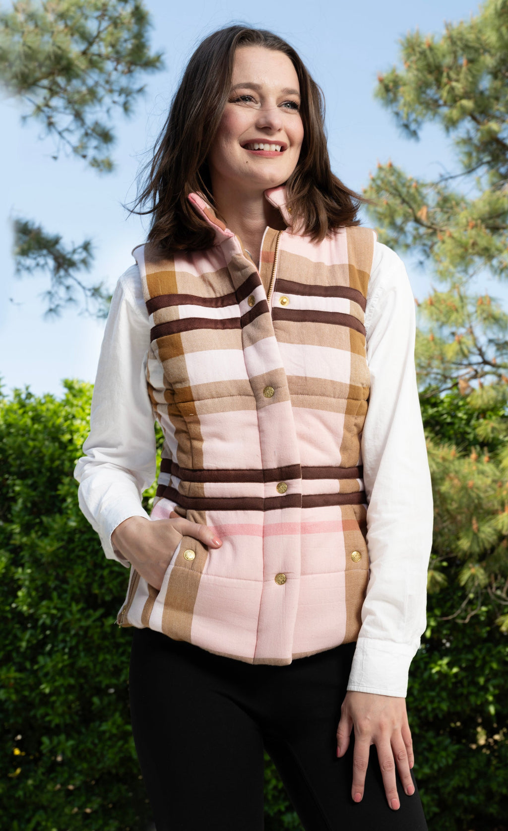Rosey Vest Pink Chocolate Yarn-Dyed Plaid