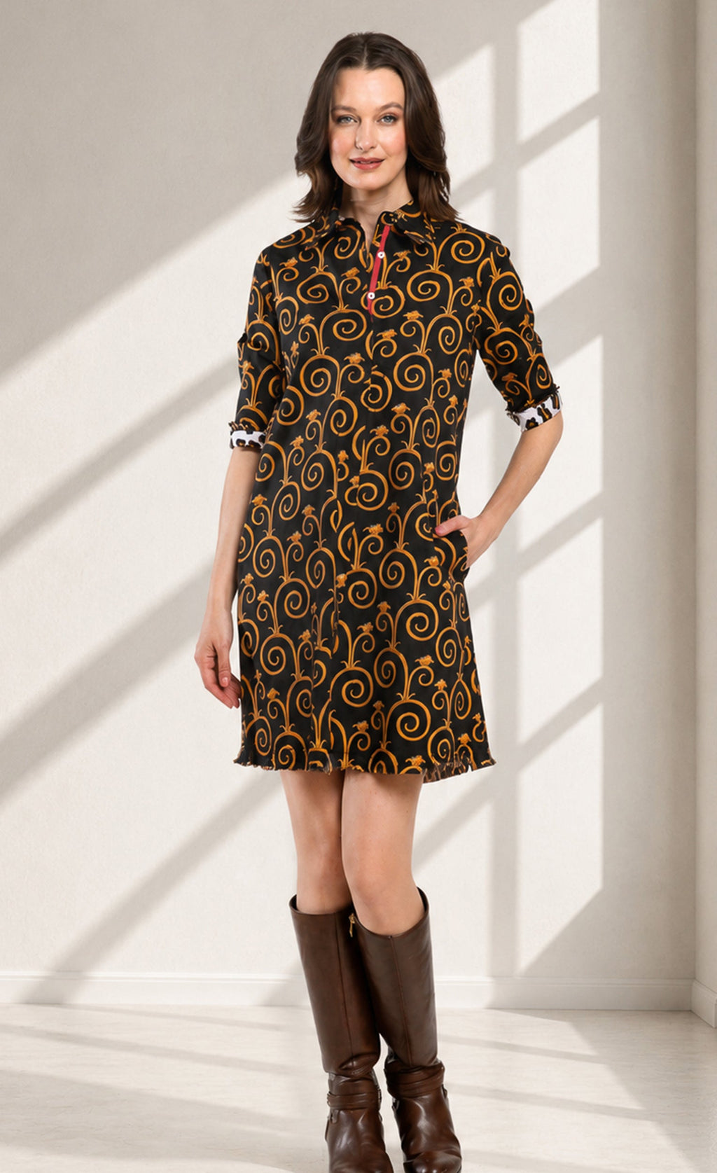 Chatham Dress Black and Gold Swirl Print