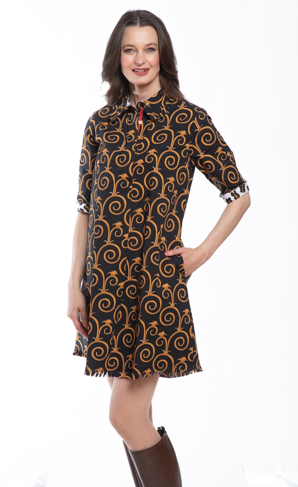 Chatham Dress Black and Gold Swirl Print