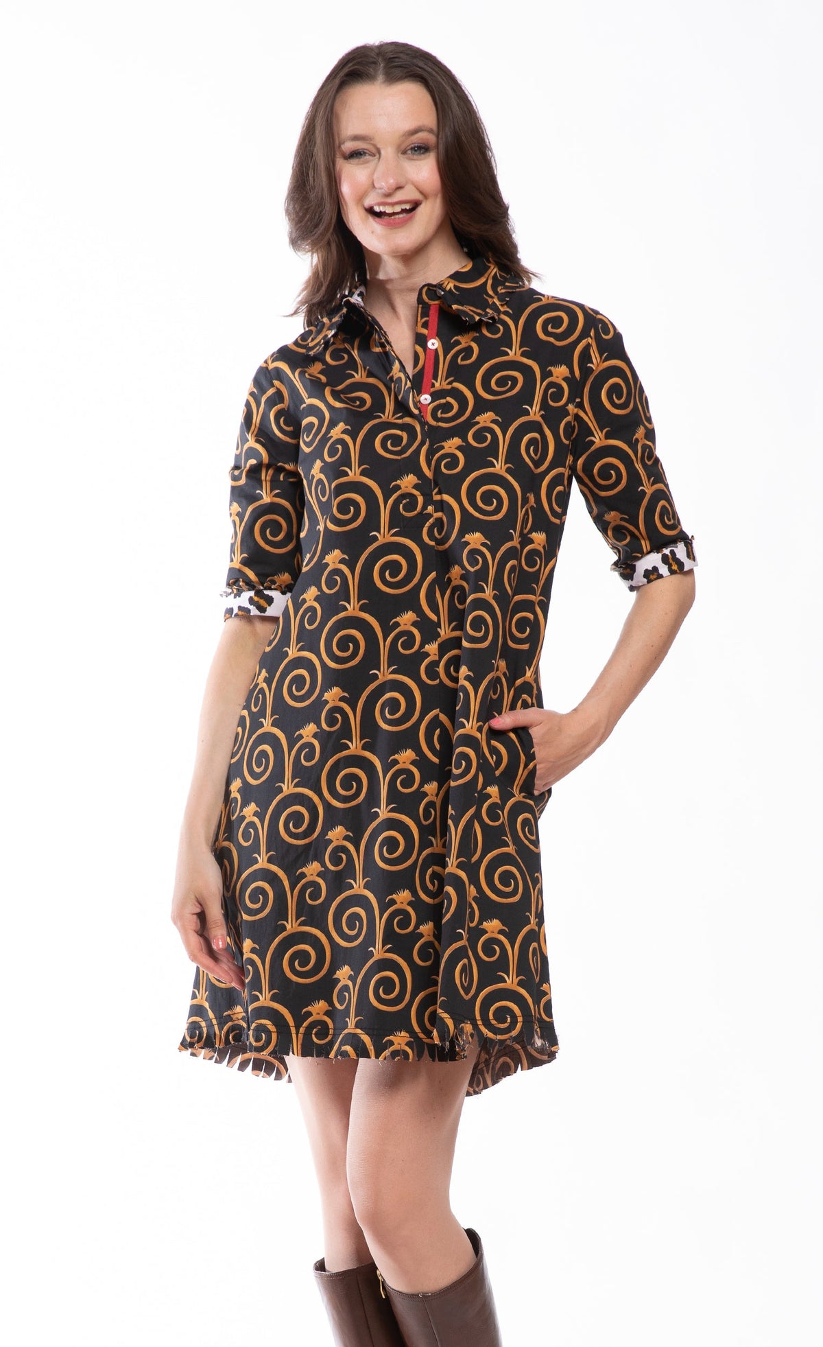 Chatham Dress Black and Gold Swirl Print