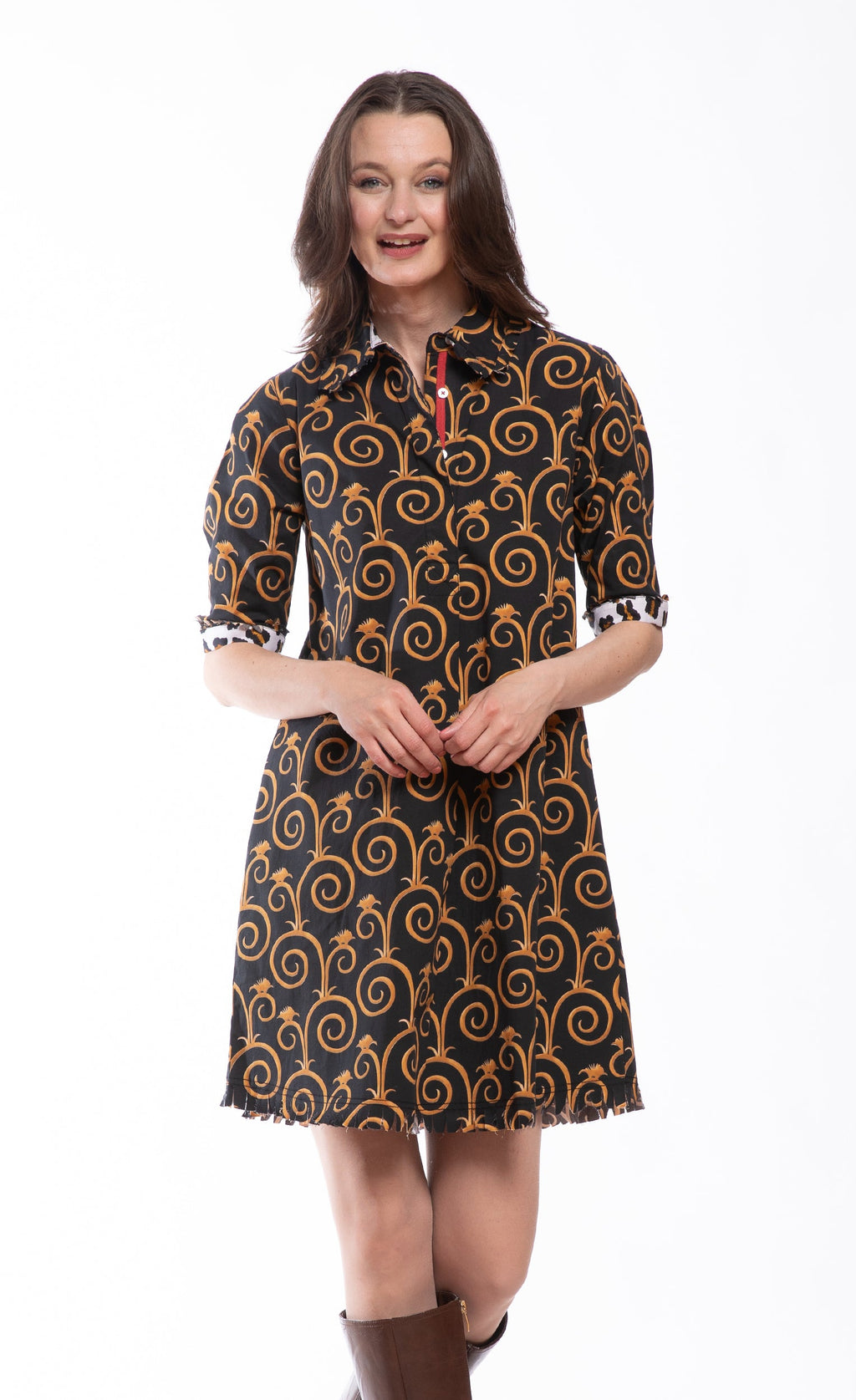 Chatham Dress Black and Gold Swirl Print
