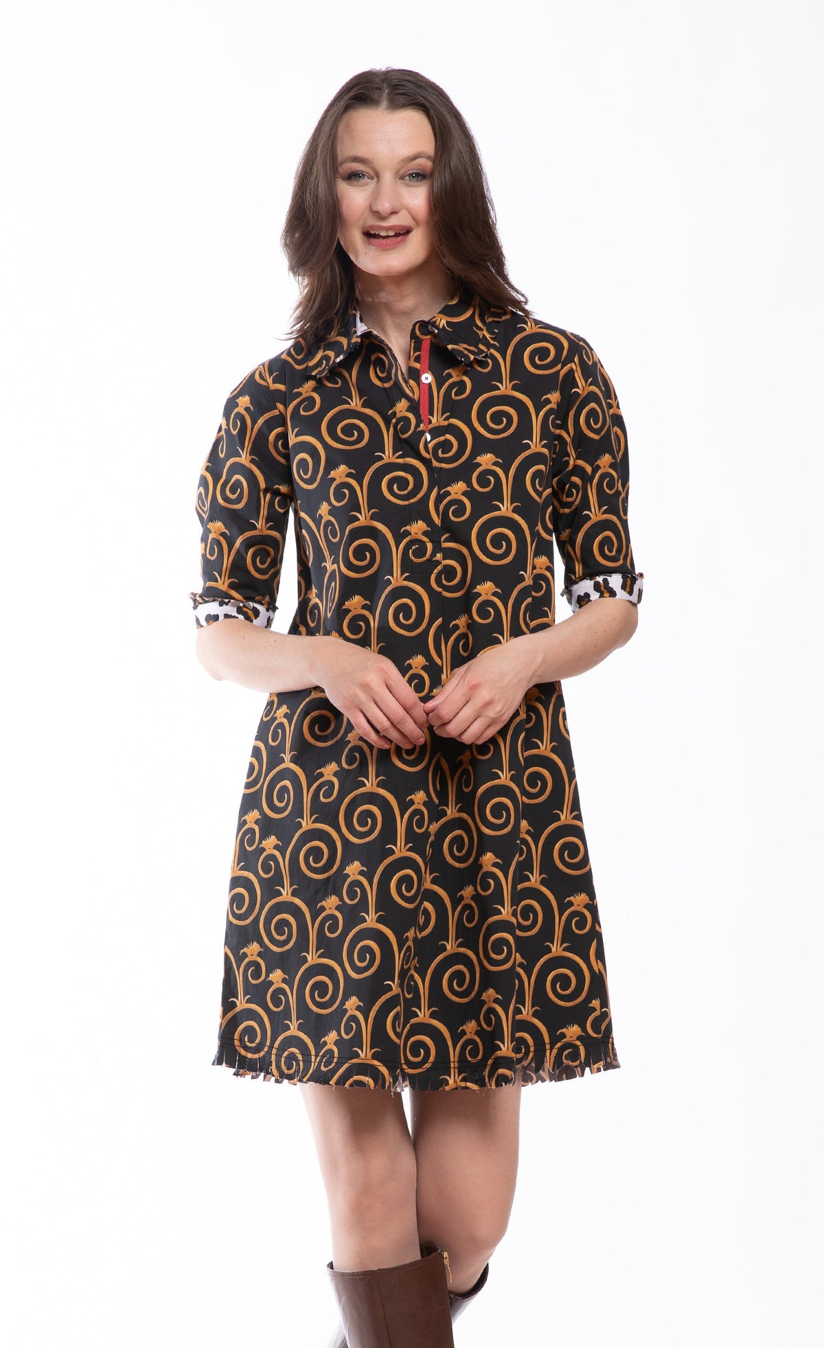 Chatham Dress Black and Gold Swirl Print