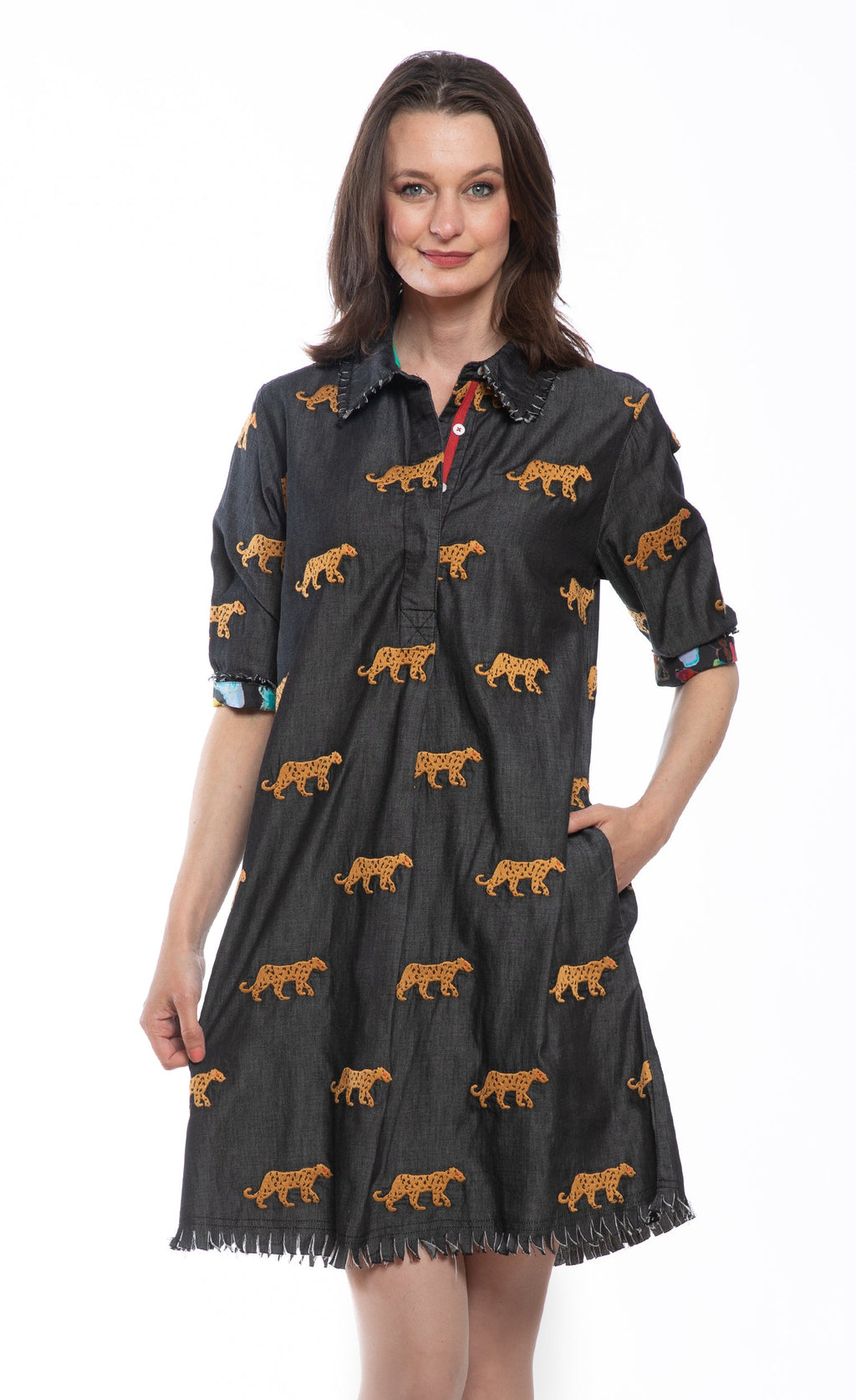 Chatham Dress Black with Cheetah Embroidery
