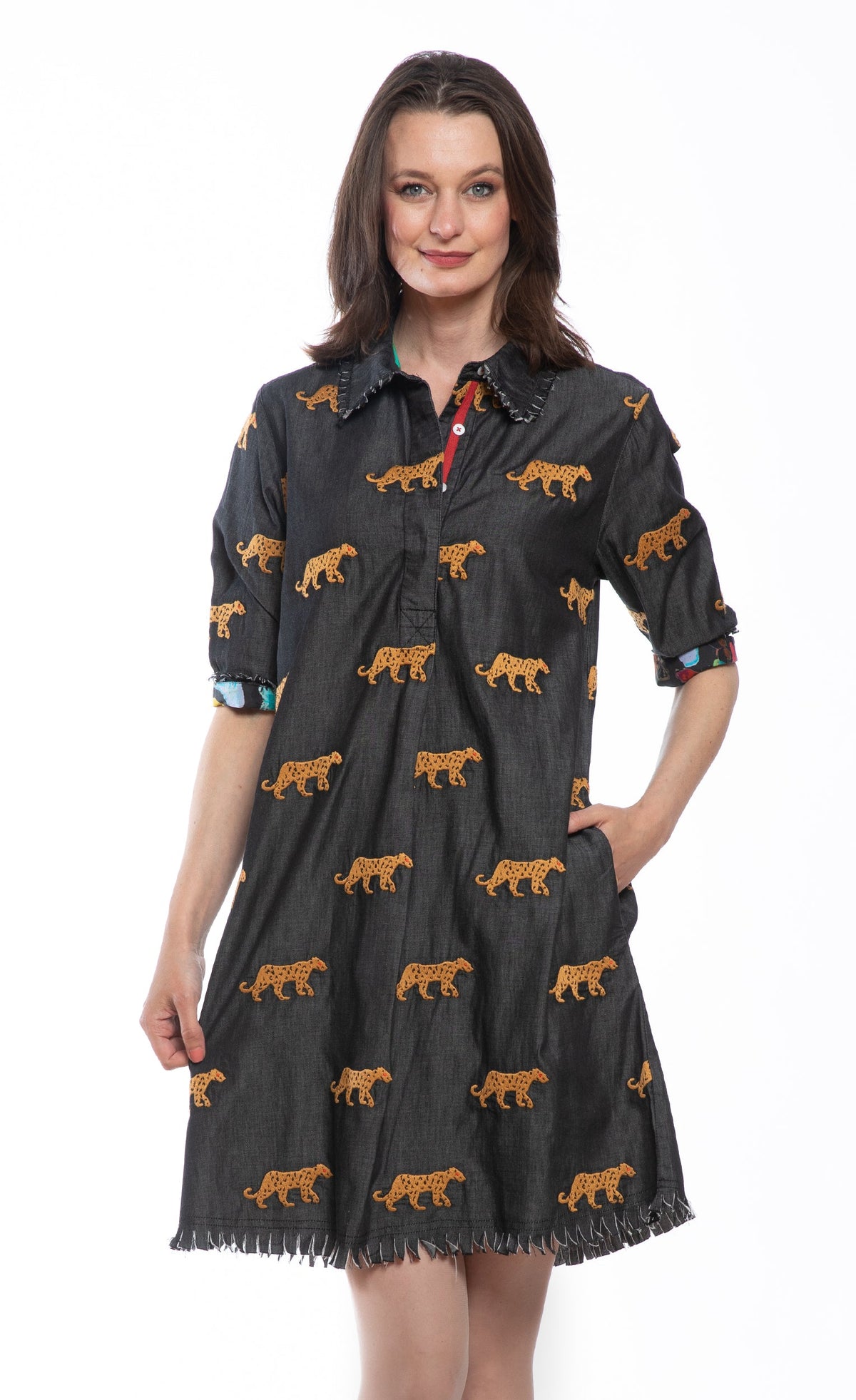 Chatham Dress Black with Cheetah Embroidery