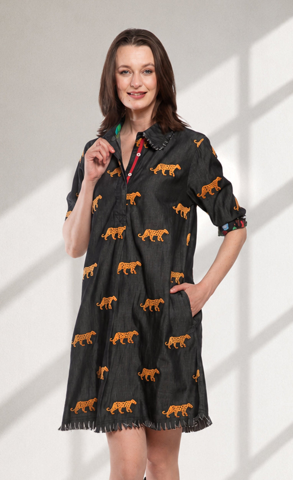 Chatham Dress Black with Cheetah Embroidery