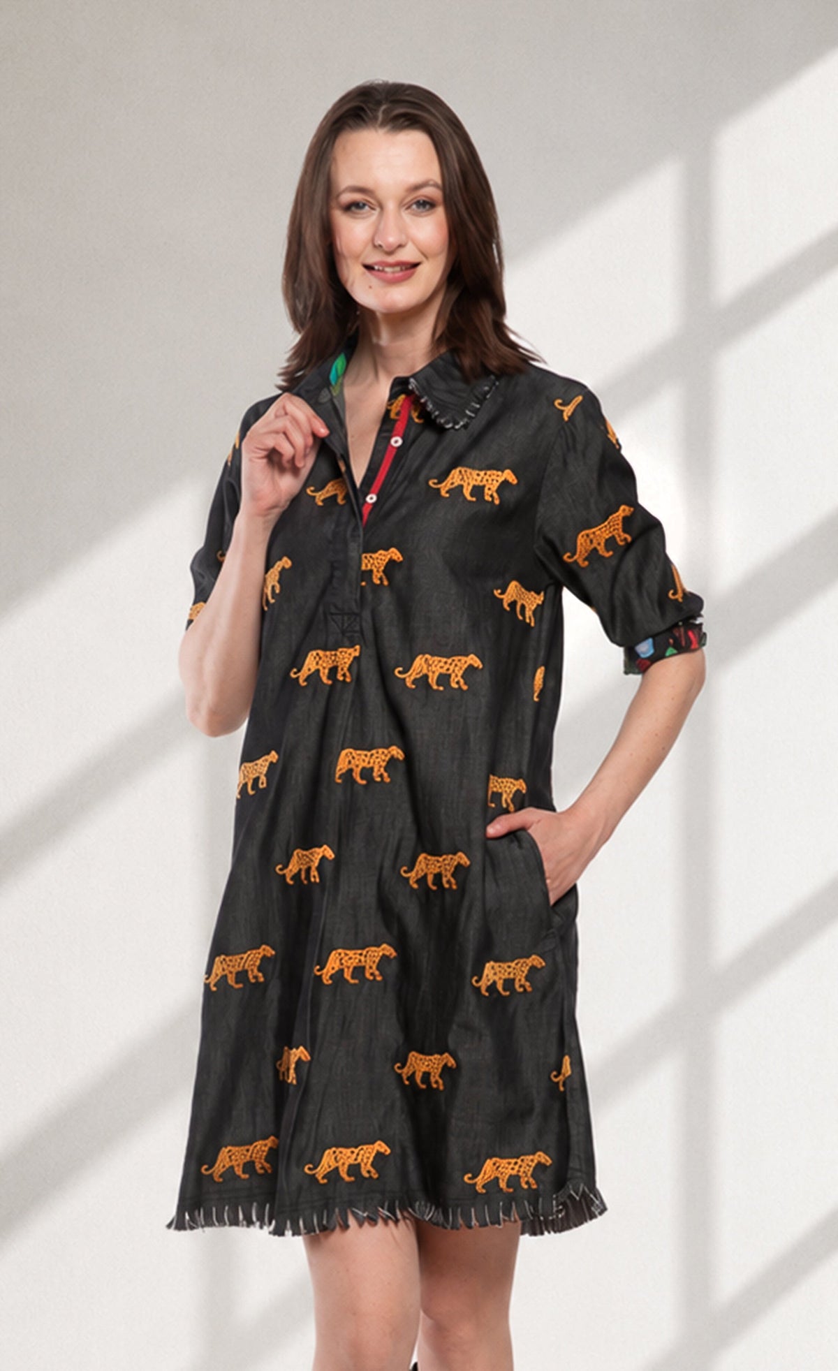 Chatham Dress Black with Cheetah Embroidery