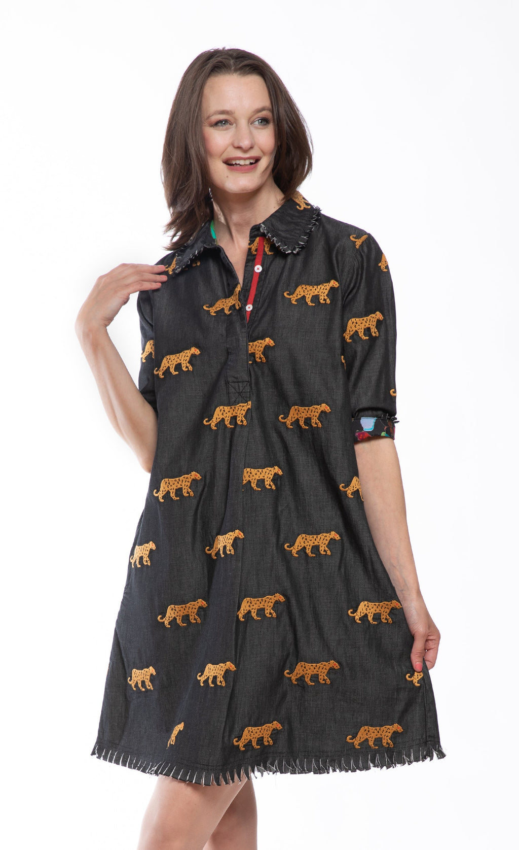Chatham Dress Black with Cheetah Embroidery