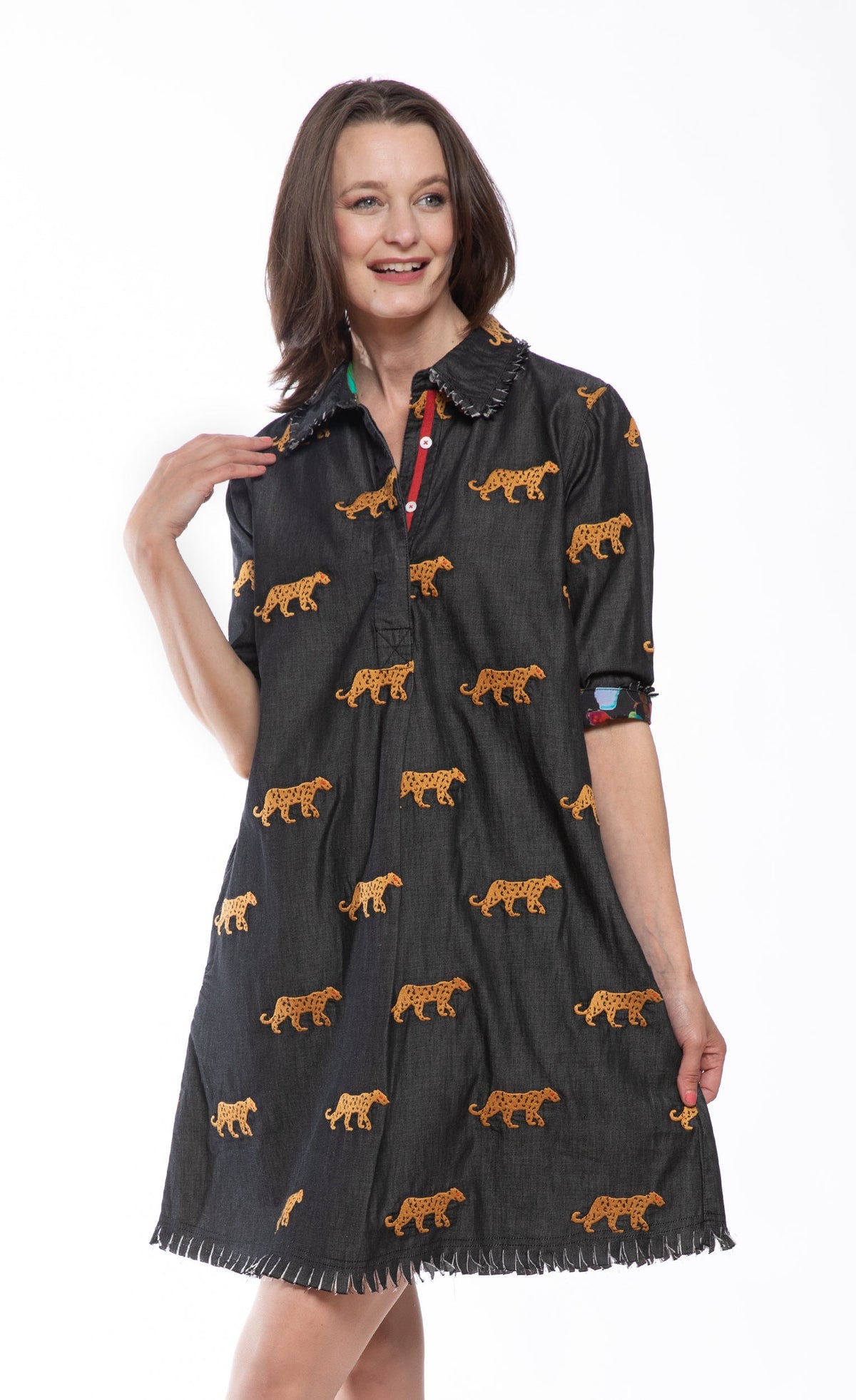 Chatham Dress Black with Cheetah Embroidery