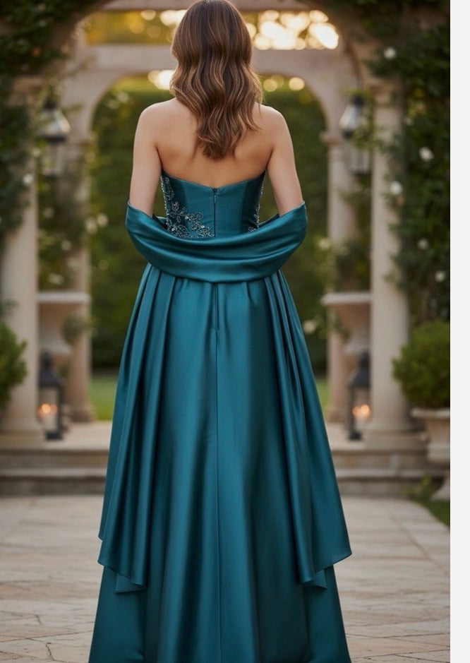 Teal Satin Strapless Sweetheart Floor-Length Bridesmaid Dress Embroidered