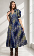 Montauk Dress Navy Green Grid Print