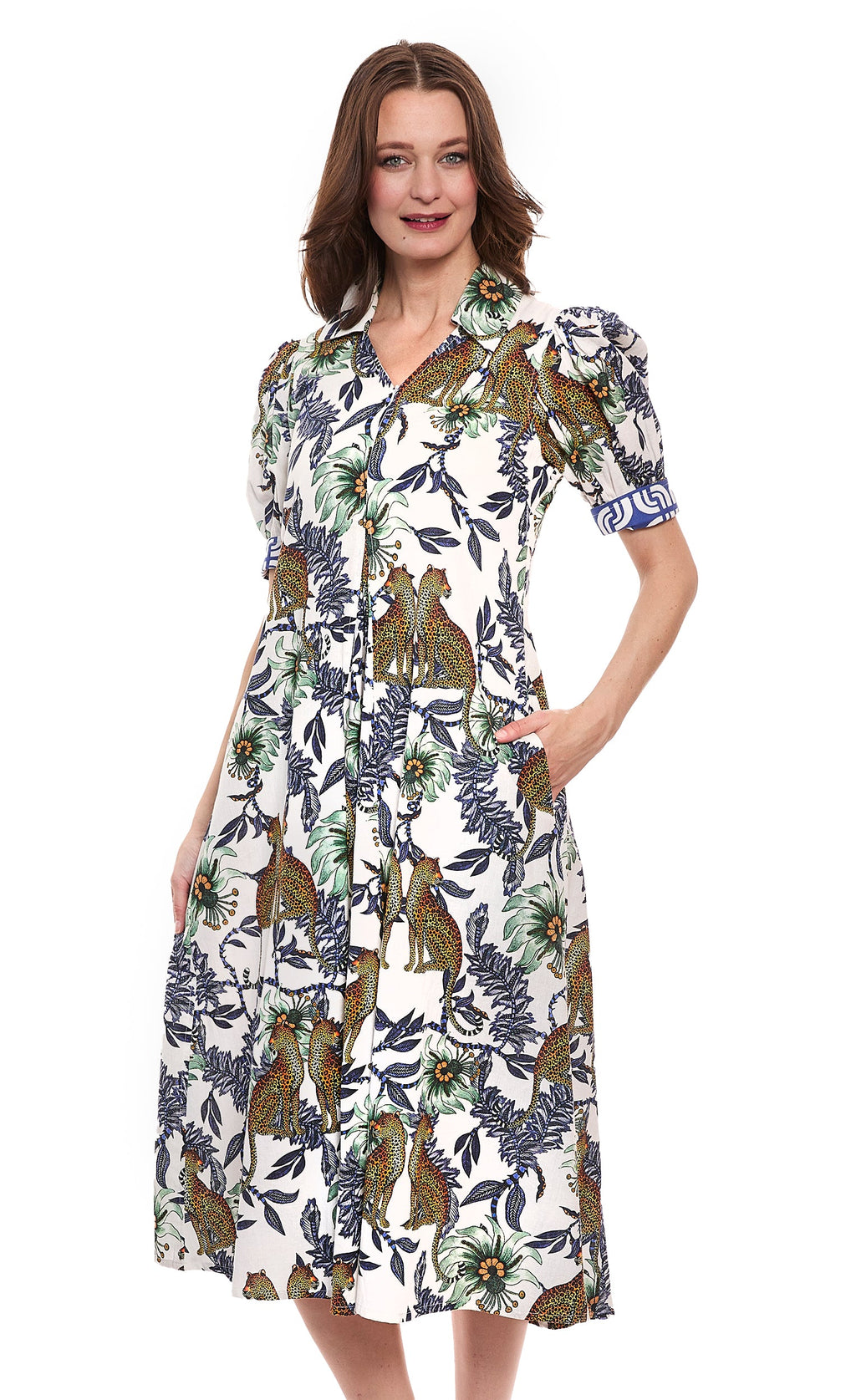 Montauk Dress Cheetahs and Floral Linen Cotton