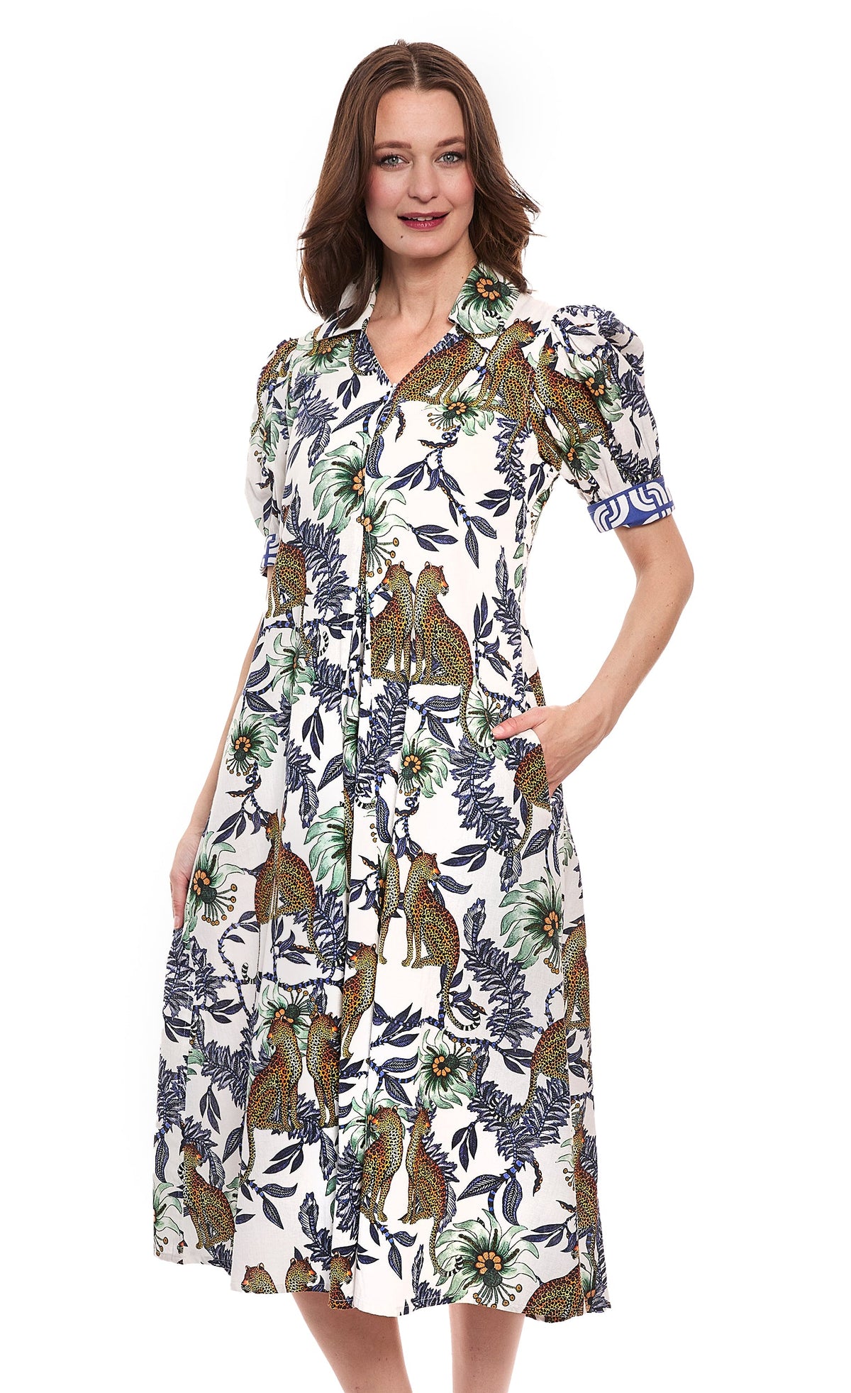 Montauk Dress Cheetahs and Floral Linen Cotton