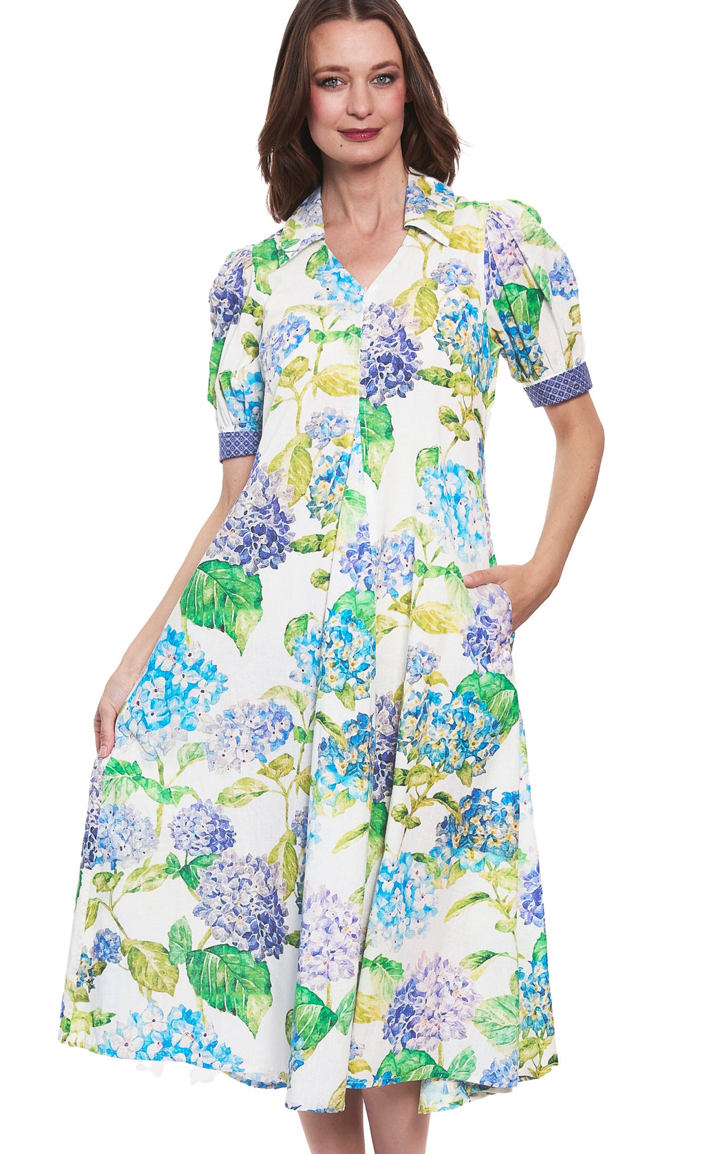 Montauk Dress Linen Cotton Hydrangeas Print