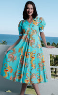 Montauk Dress Linen Cotton Turquoise Dragons Print