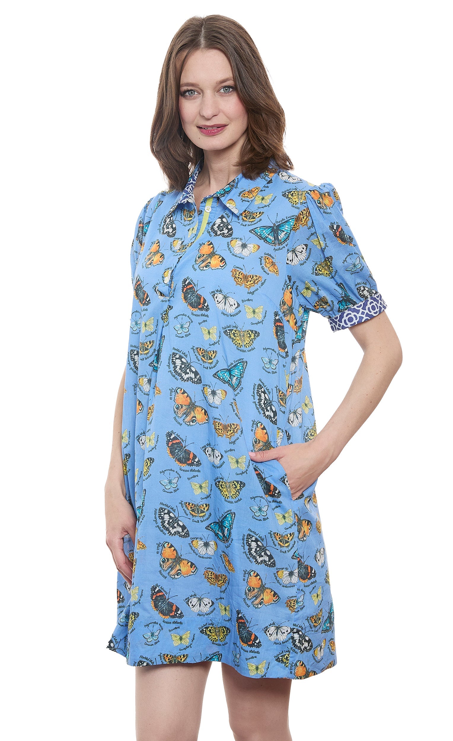 Left Puff Sleeve Dress Butterfly Print On Cotton Voile