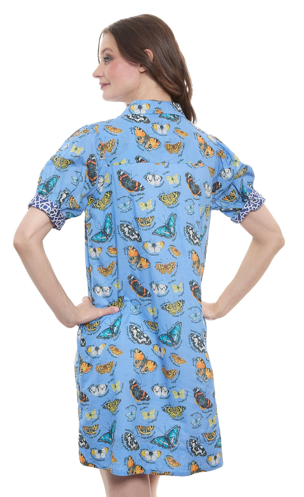 Left Puff Sleeve Dress Butterfly Print On Cotton Voile