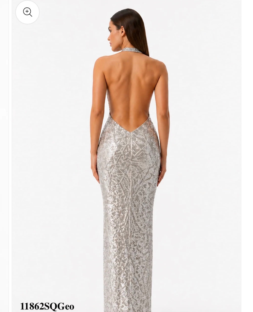 Halter Gown Pinched at the Hips, Backless and Geometric Sequins Fabric Design