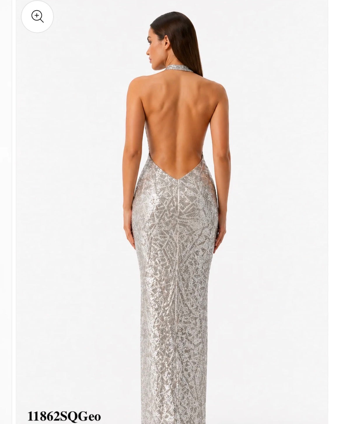Halter Gown Pinched at the Hips, Backless and Geometric Sequins Fabric Design