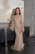 Hasina Modest Neckline Flare Long Sleeve Embellished Feather Dress