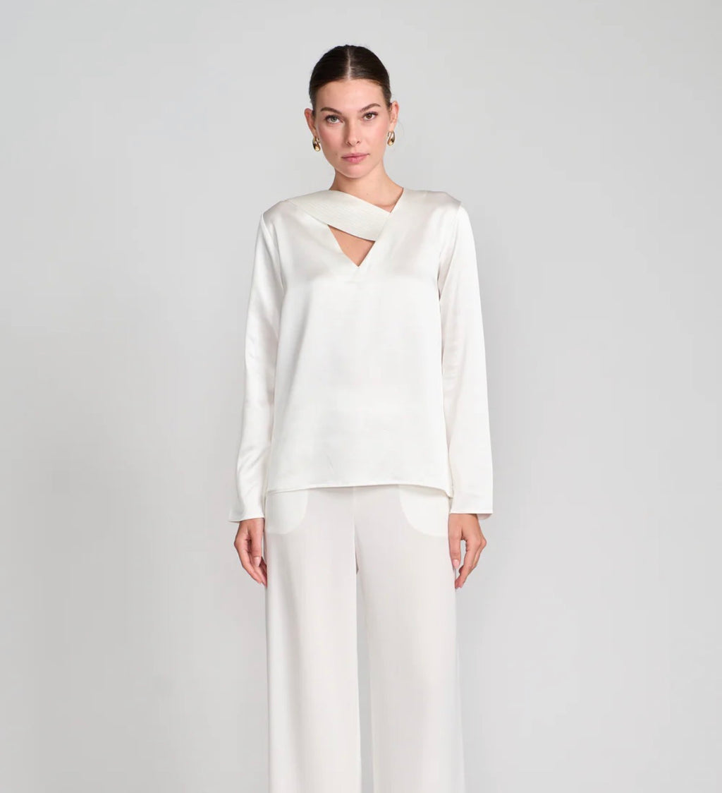 Diomi-Sateen Silk Signature Cross Blouse in White