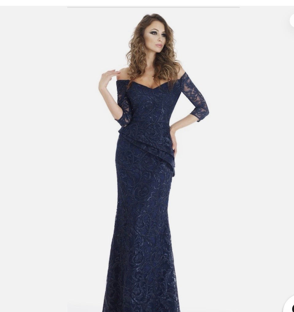 Feriani Couture Women's Blue Floral Lace Sweetheart Long Gown Size 12