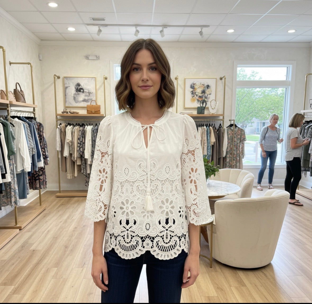 Jessie Liu-Cotton Embroidered Lace Blouse