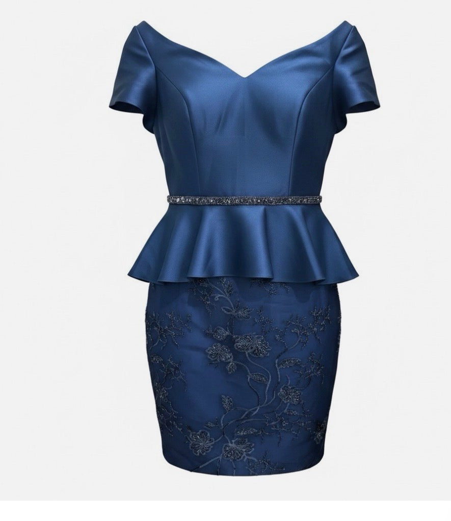 Women's Navy Satin V-Neck Cap Sleeve Peplum Beaded Sheath Dress 12 18953