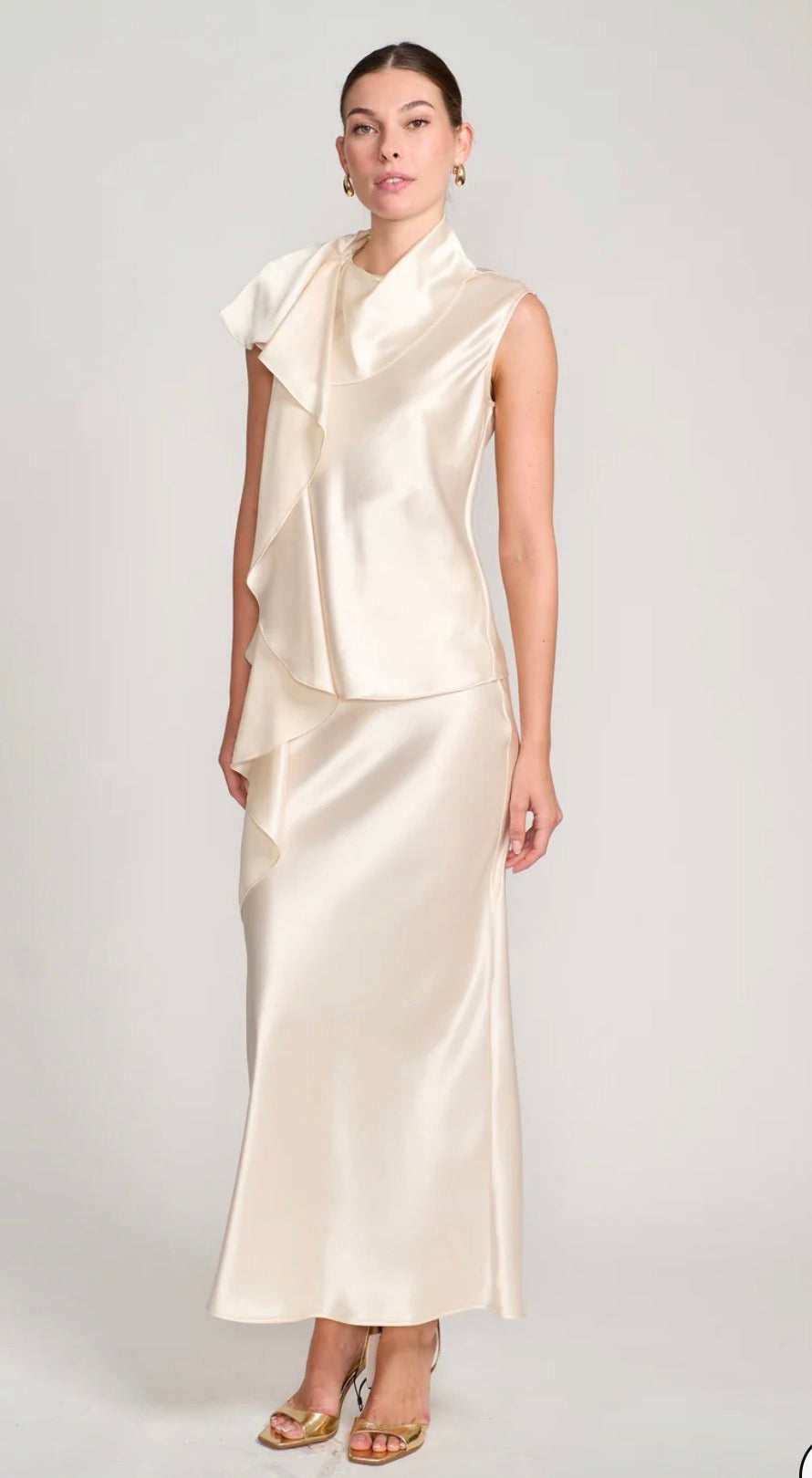 DioMi-Draped Cascade Silk Blouse in Champagne