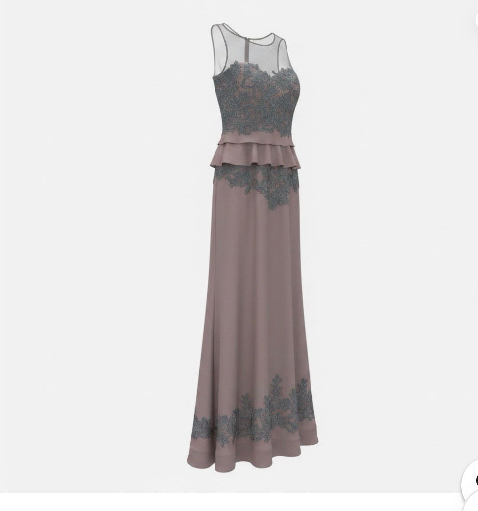 Women's Taupe Floral Lace Scoop Neck Sleeveless Long Formal Gown Size 10
