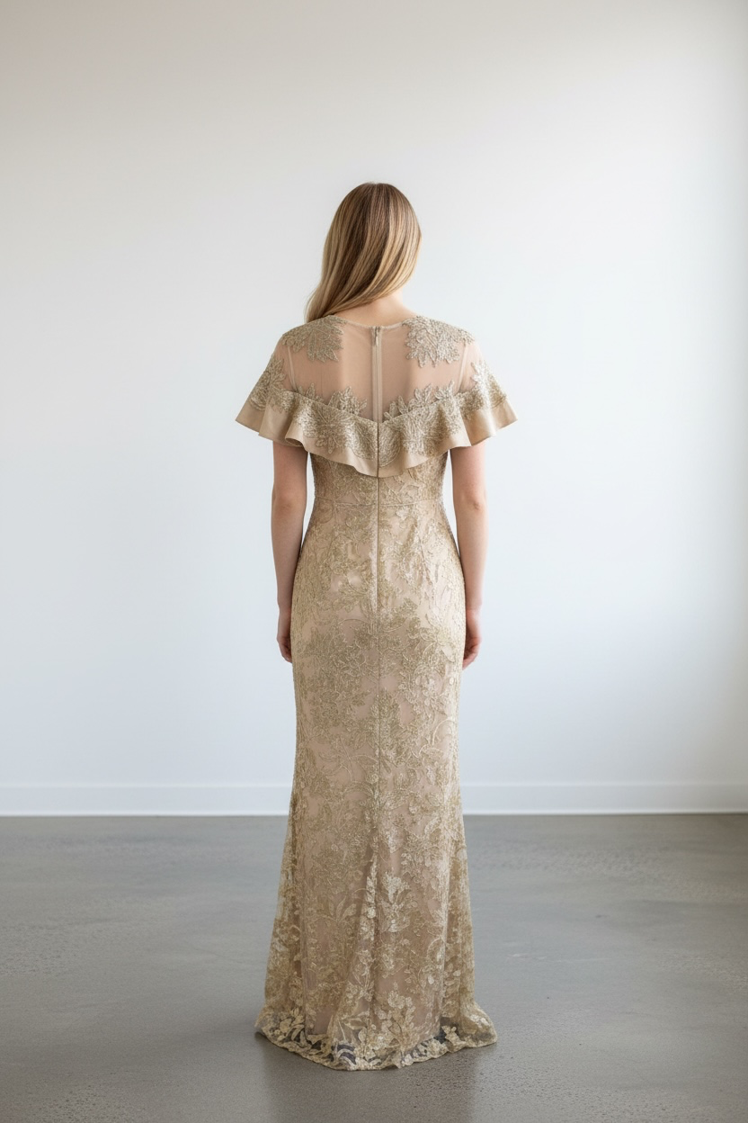 Women's Champagne Floral Lace Off Shoulder Ruffle Sheath Formal Long Dress 6