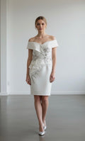Ivory Satin Off-Shoulder Portrait Lace Knee Length Dress Size 6 Gia Franco