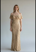 Women's Champagne Floral Lace Off Shoulder Ruffle Sheath Formal Long Dress 6