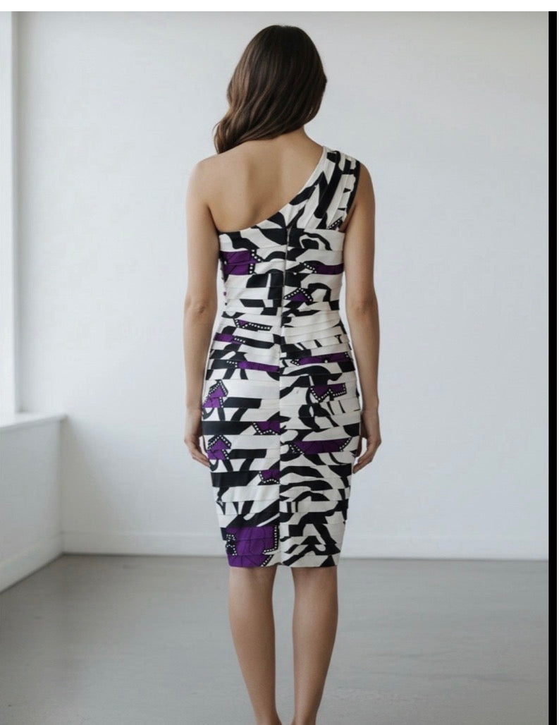 Women's One Shoulder Bodycon Dress Abstract Print White Black Purple