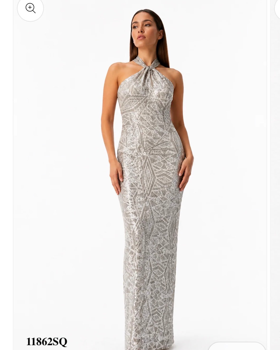 Halter Gown Pinched at the Hips, Backless and Geometric Sequins Fabric Design