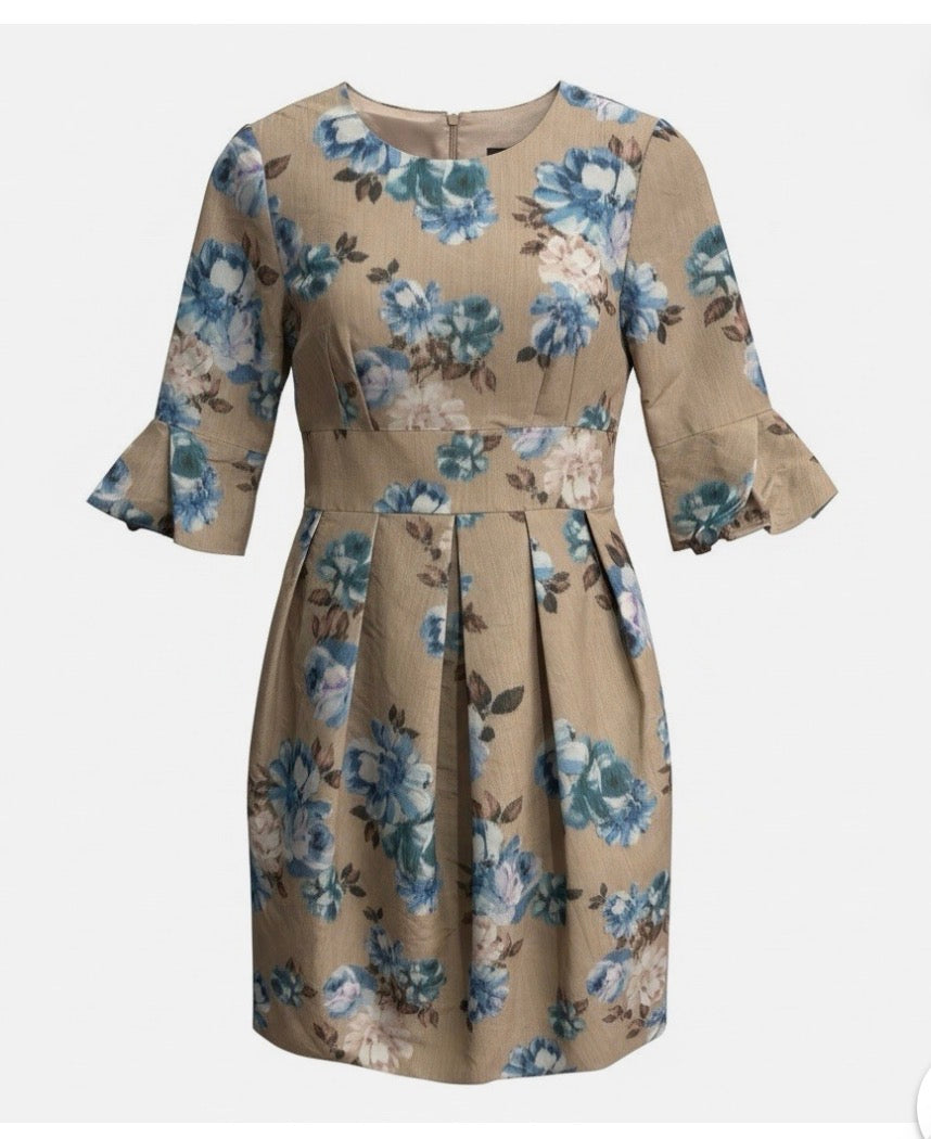 BIGIO Collection Tan Blue Floral Round Neck 3/4 Ruffle Pleated Dress Size 6
