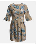 BIGIO Collection Tan Blue Floral Round Neck 3/4 Ruffle Pleated Dress Size 6