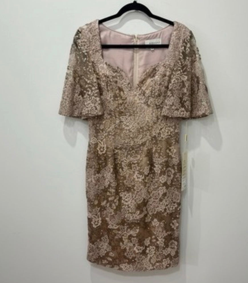 Feriani Couture Taupe Beige Floral Lace Sheath Dress V-Neck Zip 8