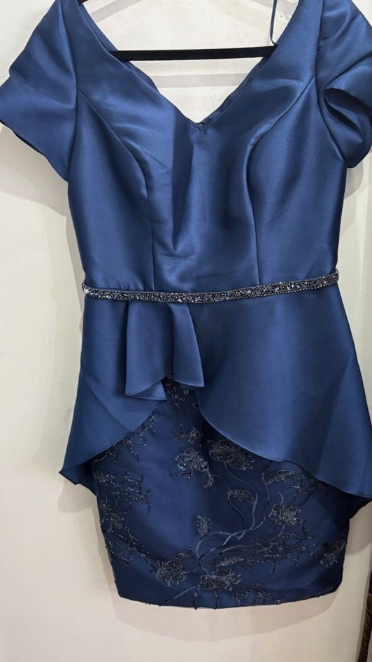 Women's Navy Satin V-Neck Cap Sleeve Peplum Beaded Sheath Dress 12 18953