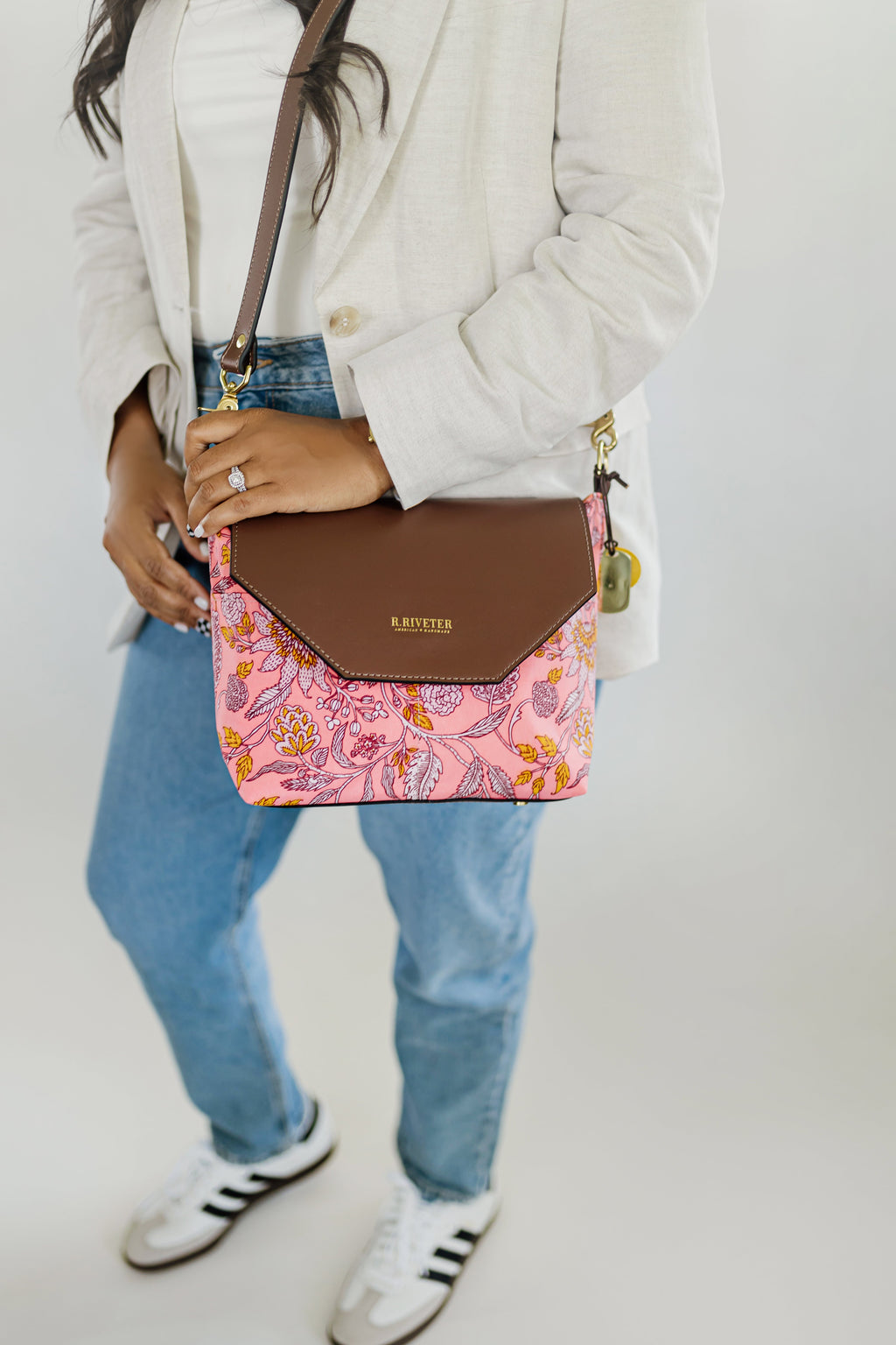 Hobby | Rose Bandana Printed Nylon + Brown Leather Shoulder Bag